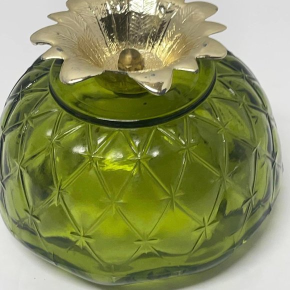 Vintage 6" Indiana Glass Green Duette Quilted Diamond Bowl With Metal Leaf Base - Picture 5 of 6